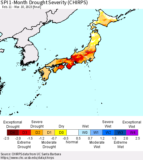 Japan SPI 1-Month Drought Severity (CHIRPS) Thematic Map For 2/11/2023 - 3/10/2023