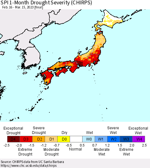 Japan SPI 1-Month Drought Severity (CHIRPS) Thematic Map For 2/16/2023 - 3/15/2023