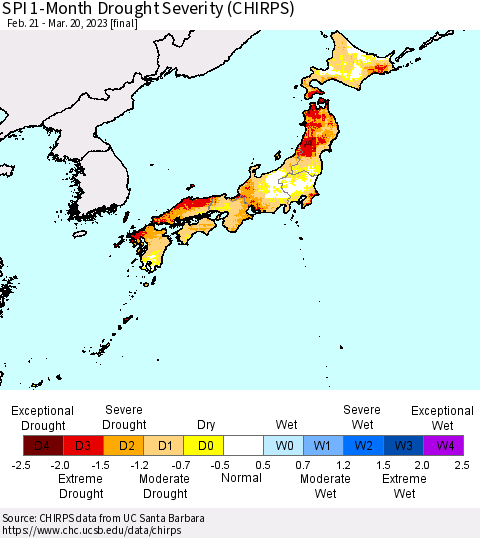 Japan SPI 1-Month Drought Severity (CHIRPS) Thematic Map For 2/21/2023 - 3/20/2023