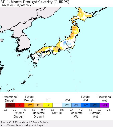 Japan SPI 1-Month Drought Severity (CHIRPS) Thematic Map For 2/26/2023 - 3/25/2023