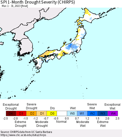 Japan SPI 1-Month Drought Severity (CHIRPS) Thematic Map For 3/1/2023 - 3/31/2023