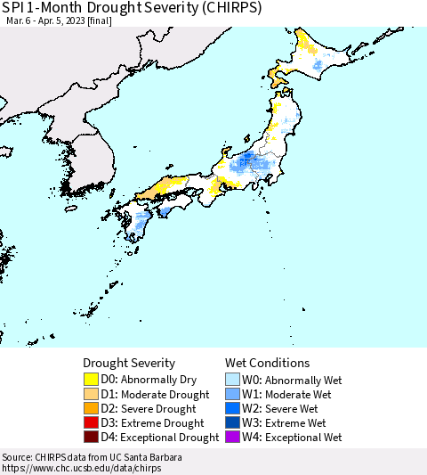 Japan SPI 1-Month Drought Severity (CHIRPS) Thematic Map For 3/6/2023 - 4/5/2023