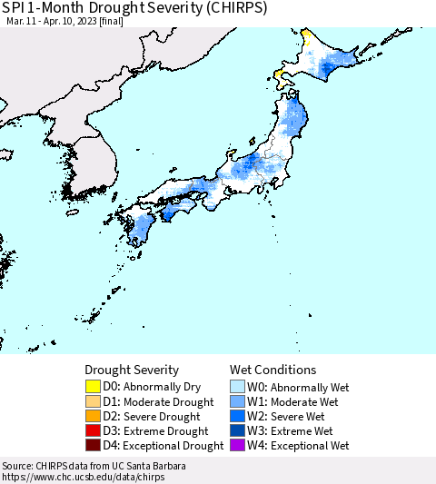 Japan SPI 1-Month Drought Severity (CHIRPS) Thematic Map For 3/11/2023 - 4/10/2023