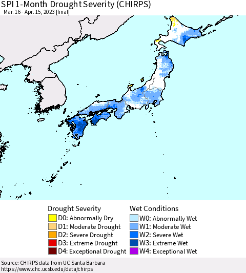 Japan SPI 1-Month Drought Severity (CHIRPS) Thematic Map For 3/16/2023 - 4/15/2023