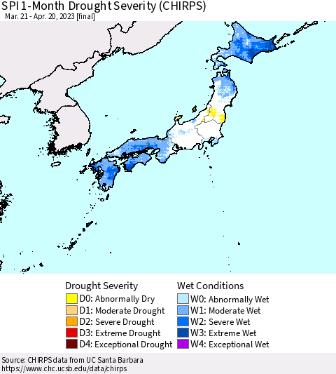 Japan SPI 1-Month Drought Severity (CHIRPS) Thematic Map For 3/21/2023 - 4/20/2023