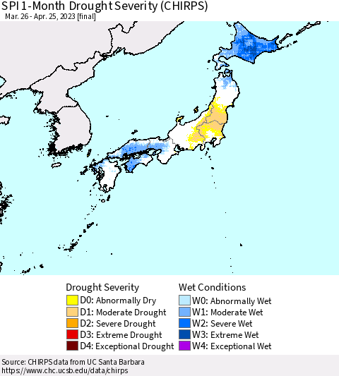 Japan SPI 1-Month Drought Severity (CHIRPS) Thematic Map For 3/26/2023 - 4/25/2023