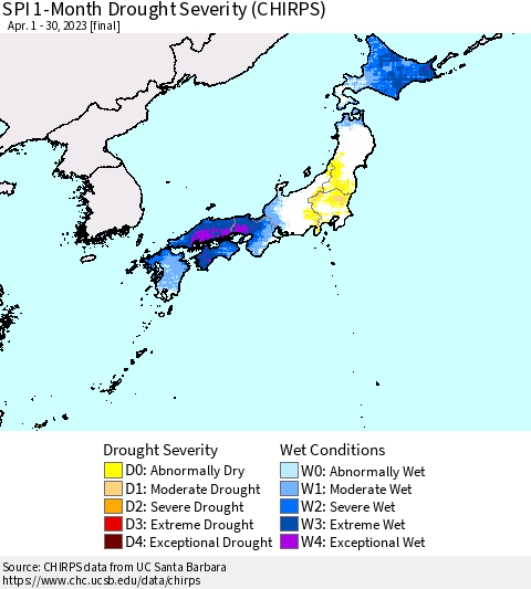 Japan SPI 1-Month Drought Severity (CHIRPS) Thematic Map For 4/1/2023 - 4/30/2023