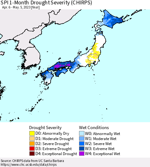 Japan SPI 1-Month Drought Severity (CHIRPS) Thematic Map For 4/6/2023 - 5/5/2023