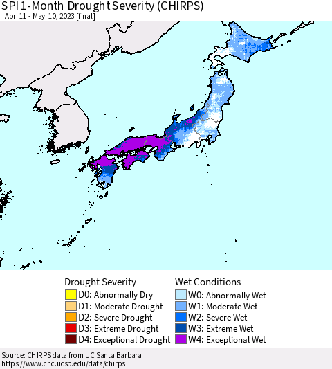 Japan SPI 1-Month Drought Severity (CHIRPS) Thematic Map For 4/11/2023 - 5/10/2023