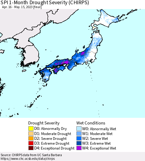 Japan SPI 1-Month Drought Severity (CHIRPS) Thematic Map For 4/16/2023 - 5/15/2023