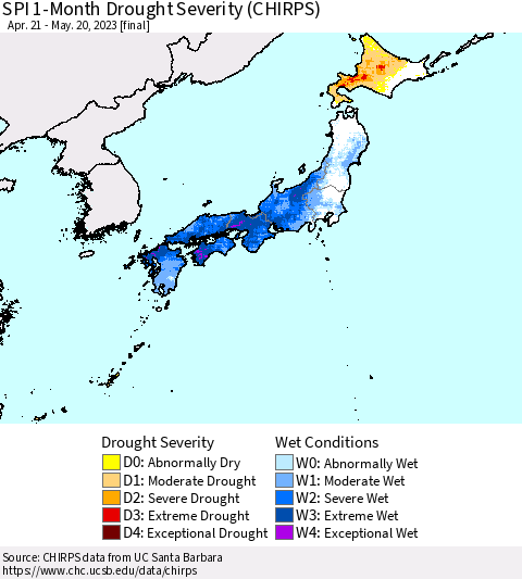 Japan SPI 1-Month Drought Severity (CHIRPS) Thematic Map For 4/21/2023 - 5/20/2023