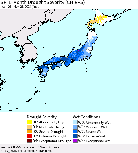 Japan SPI 1-Month Drought Severity (CHIRPS) Thematic Map For 4/26/2023 - 5/25/2023