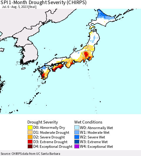 Japan SPI 1-Month Drought Severity (CHIRPS) Thematic Map For 7/6/2023 - 8/5/2023