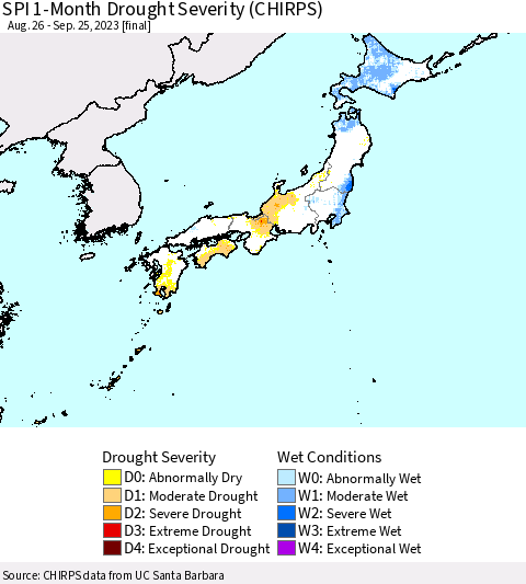 Japan SPI 1-Month Drought Severity (CHIRPS) Thematic Map For 8/26/2023 - 9/25/2023
