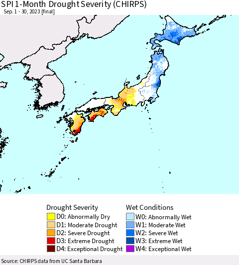 Japan SPI 1-Month Drought Severity (CHIRPS) Thematic Map For 9/1/2023 - 9/30/2023