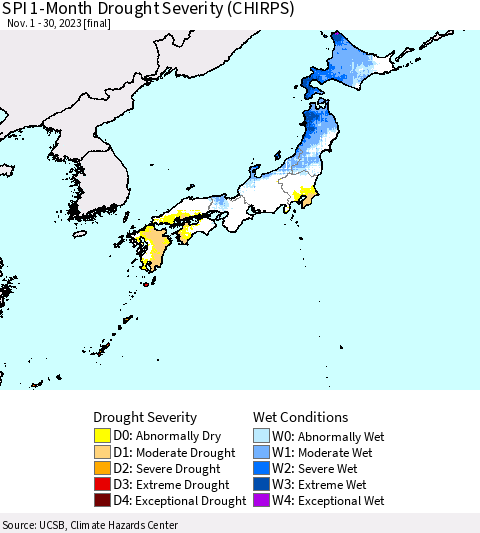 Japan SPI 1-Month Drought Severity (CHIRPS) Thematic Map For 11/1/2023 - 11/30/2023