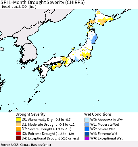 Japan SPI 1-Month Drought Severity (CHIRPS) Thematic Map For 12/6/2023 - 1/5/2024