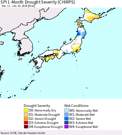 Japan SPI 1-Month Drought Severity (CHIRPS) Thematic Map For 12/11/2023 - 1/10/2024