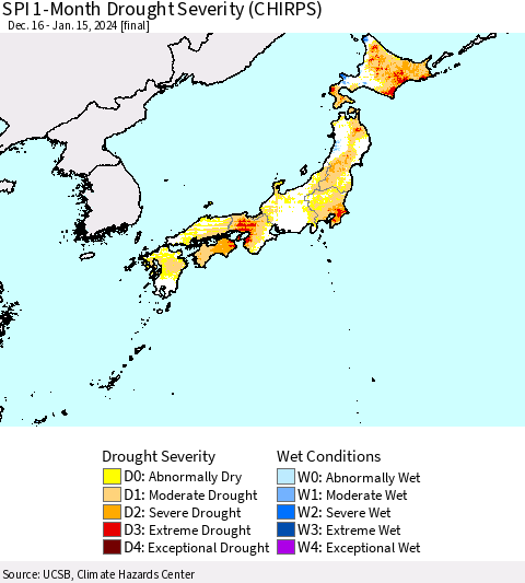Japan SPI 1-Month Drought Severity (CHIRPS) Thematic Map For 12/16/2023 - 1/15/2024