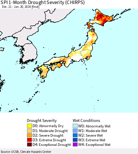 Japan SPI 1-Month Drought Severity (CHIRPS) Thematic Map For 12/21/2023 - 1/20/2024