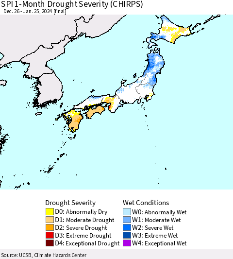 Japan SPI 1-Month Drought Severity (CHIRPS) Thematic Map For 12/26/2023 - 1/25/2024