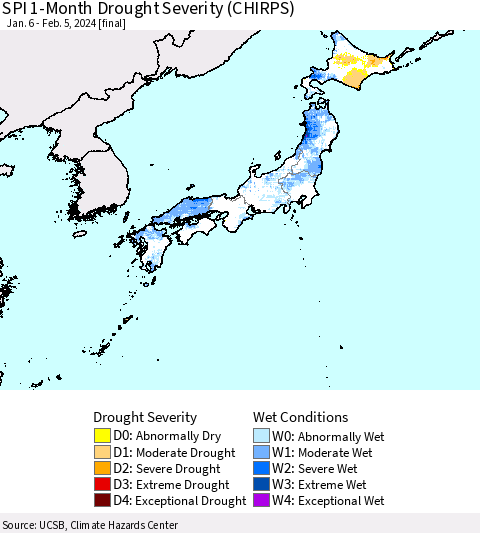 Japan SPI 1-Month Drought Severity (CHIRPS) Thematic Map For 1/6/2024 - 2/5/2024