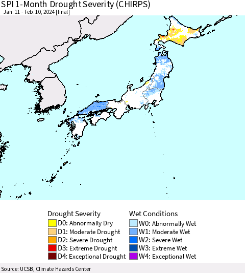 Japan SPI 1-Month Drought Severity (CHIRPS) Thematic Map For 1/11/2024 - 2/10/2024