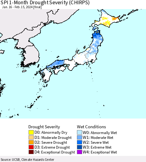 Japan SPI 1-Month Drought Severity (CHIRPS) Thematic Map For 1/16/2024 - 2/15/2024