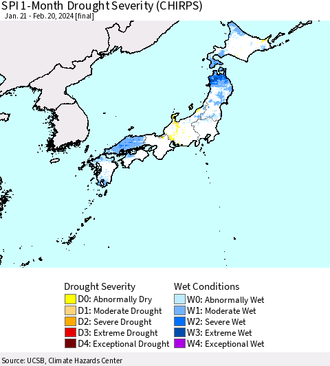 Japan SPI 1-Month Drought Severity (CHIRPS) Thematic Map For 1/21/2024 - 2/20/2024