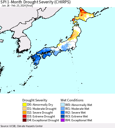 Japan SPI 1-Month Drought Severity (CHIRPS) Thematic Map For 1/26/2024 - 2/25/2024