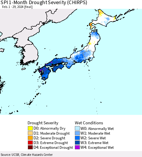 Japan SPI 1-Month Drought Severity (CHIRPS) Thematic Map For 2/1/2024 - 2/29/2024