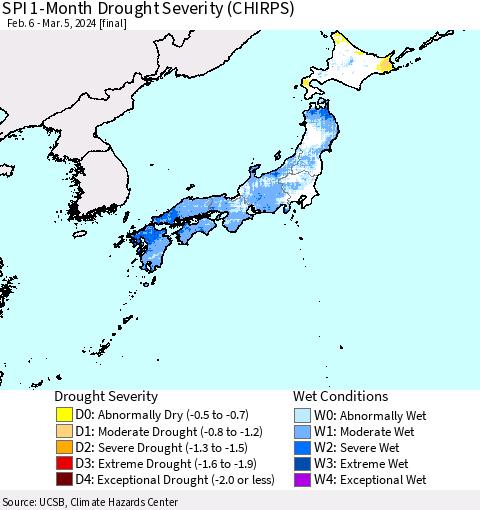 Japan SPI 1-Month Drought Severity (CHIRPS) Thematic Map For 2/6/2024 - 3/5/2024