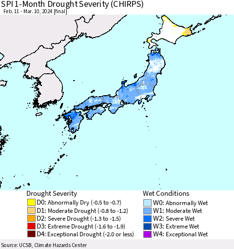 Japan SPI 1-Month Drought Severity (CHIRPS) Thematic Map For 2/11/2024 - 3/10/2024