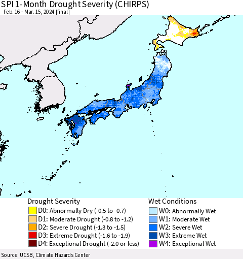 Japan SPI 1-Month Drought Severity (CHIRPS) Thematic Map For 2/16/2024 - 3/15/2024