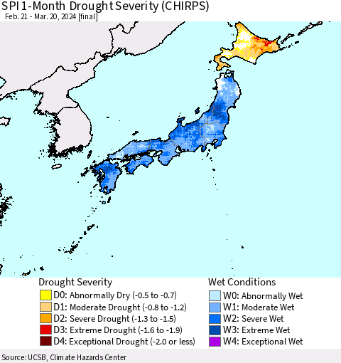 Japan SPI 1-Month Drought Severity (CHIRPS) Thematic Map For 2/21/2024 - 3/20/2024