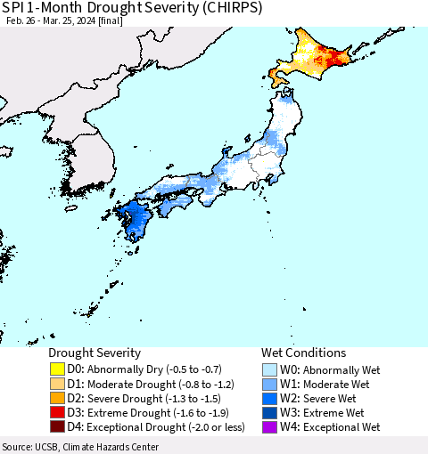 Japan SPI 1-Month Drought Severity (CHIRPS) Thematic Map For 2/26/2024 - 3/25/2024