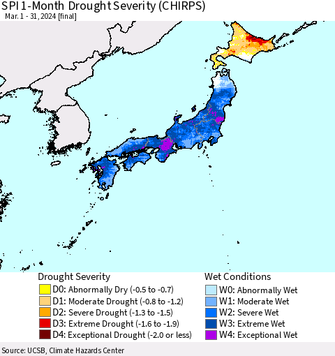 Japan SPI 1-Month Drought Severity (CHIRPS) Thematic Map For 3/1/2024 - 3/31/2024