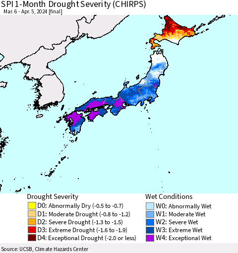 Japan SPI 1-Month Drought Severity (CHIRPS) Thematic Map For 3/6/2024 - 4/5/2024