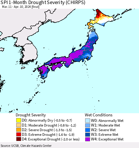 Japan SPI 1-Month Drought Severity (CHIRPS) Thematic Map For 3/11/2024 - 4/10/2024