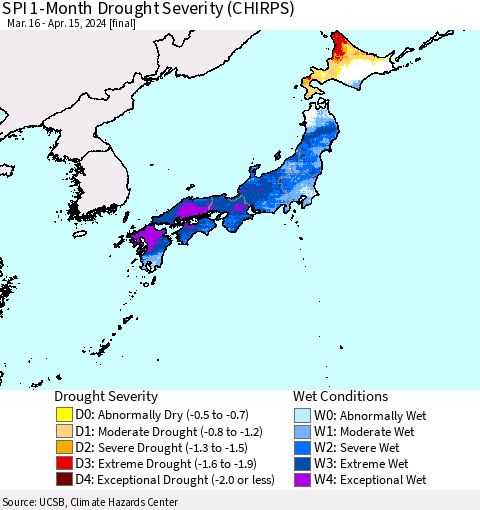 Japan SPI 1-Month Drought Severity (CHIRPS) Thematic Map For 3/16/2024 - 4/15/2024