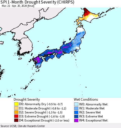 Japan SPI 1-Month Drought Severity (CHIRPS) Thematic Map For 3/21/2024 - 4/20/2024