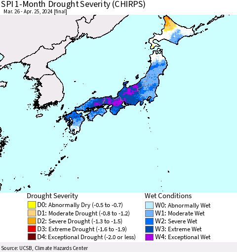 Japan SPI 1-Month Drought Severity (CHIRPS) Thematic Map For 3/26/2024 - 4/25/2024