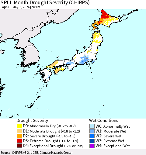 Japan SPI 1-Month Drought Severity (CHIRPS) Thematic Map For 4/6/2024 - 5/5/2024