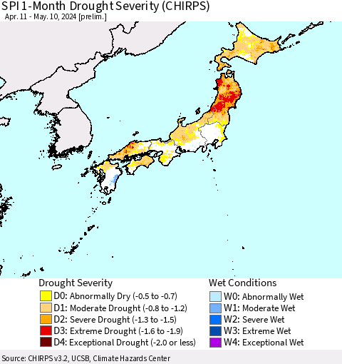 Japan SPI 1-Month Drought Severity (CHIRPS) Thematic Map For 4/11/2024 - 5/10/2024