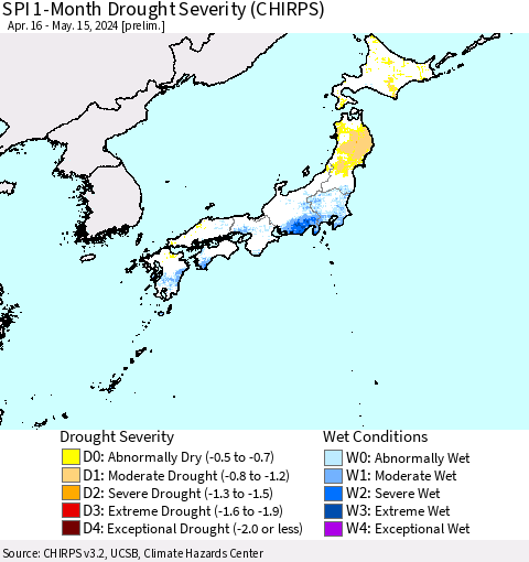 Japan SPI 1-Month Drought Severity (CHIRPS) Thematic Map For 4/16/2024 - 5/15/2024