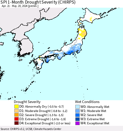 Japan SPI 1-Month Drought Severity (CHIRPS) Thematic Map For 4/21/2024 - 5/20/2024