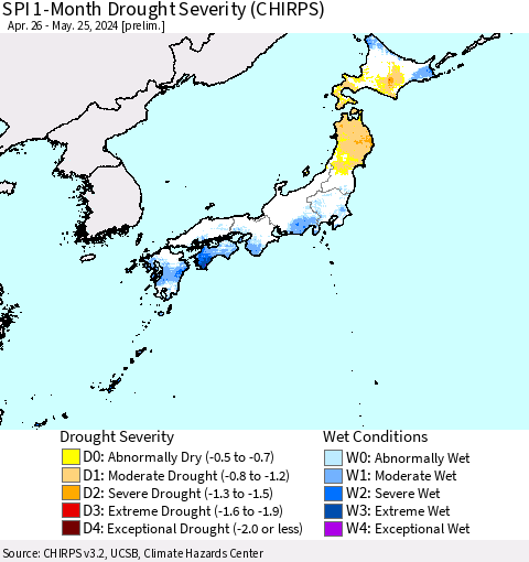 Japan SPI 1-Month Drought Severity (CHIRPS) Thematic Map For 4/26/2024 - 5/25/2024