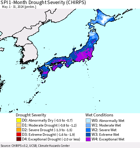 Japan SPI 1-Month Drought Severity (CHIRPS) Thematic Map For 5/1/2024 - 5/31/2024