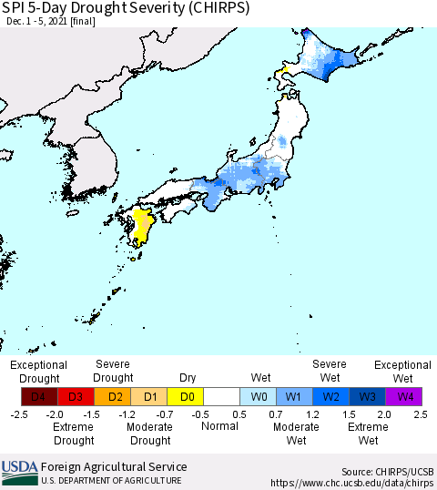 Japan SPI 5-Day Drought Severity (CHIRPS) Thematic Map For 12/1/2021 - 12/5/2021