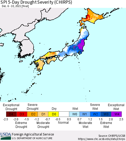 Japan SPI 5-Day Drought Severity (CHIRPS) Thematic Map For 12/6/2021 - 12/10/2021